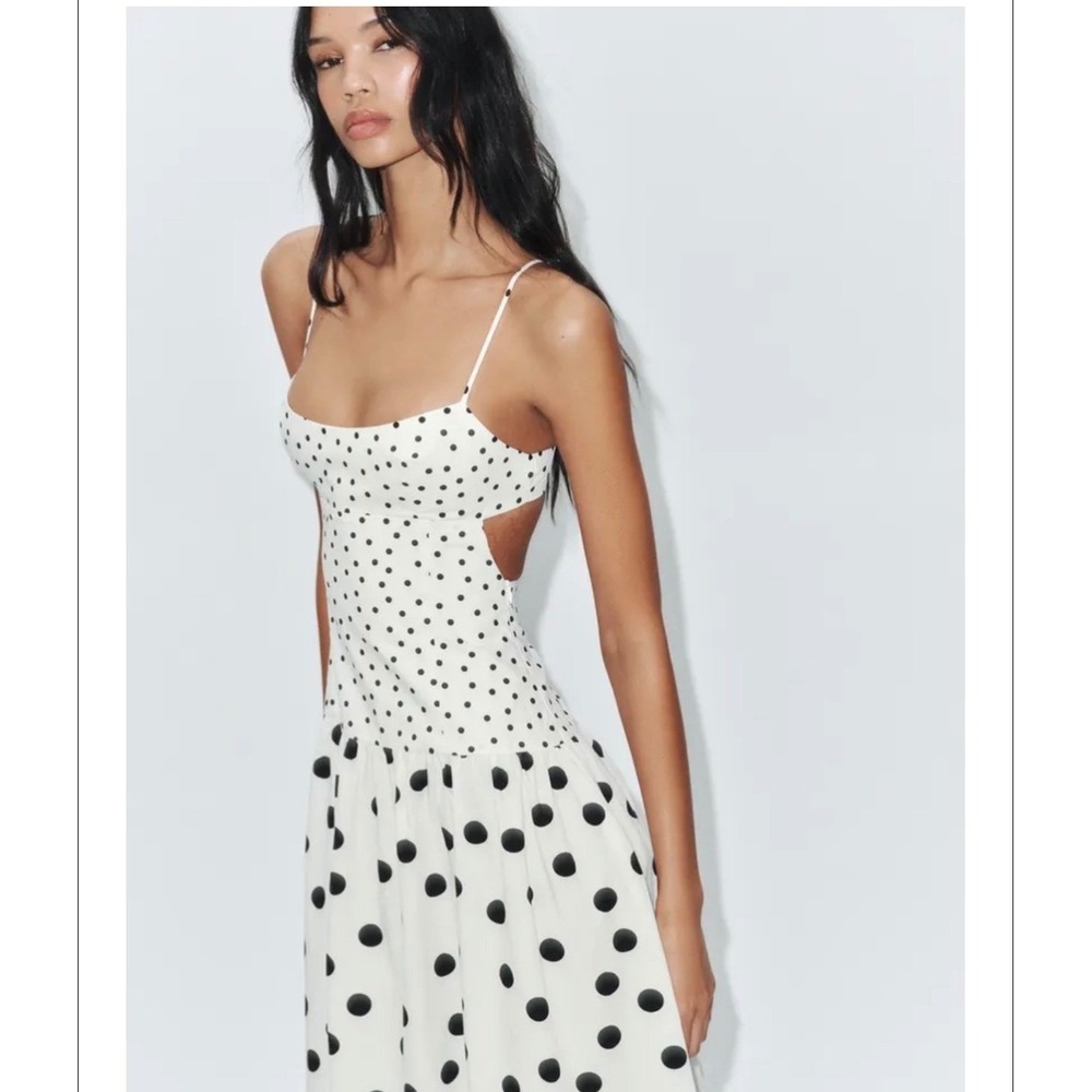 Zara Polka Dot Cutout Midi Dress White Black 3152/359/070 NWT Size Small - Picture 2 of 7
